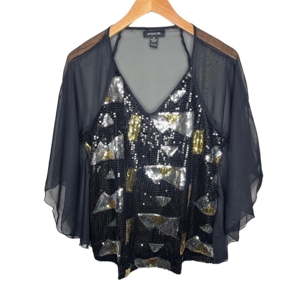 Voice sheer kimono sleeve black gold silver sequin top Sz M